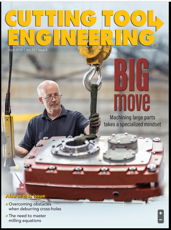"Cutting Tool Engineering" - Cover, with man moving large part on crane