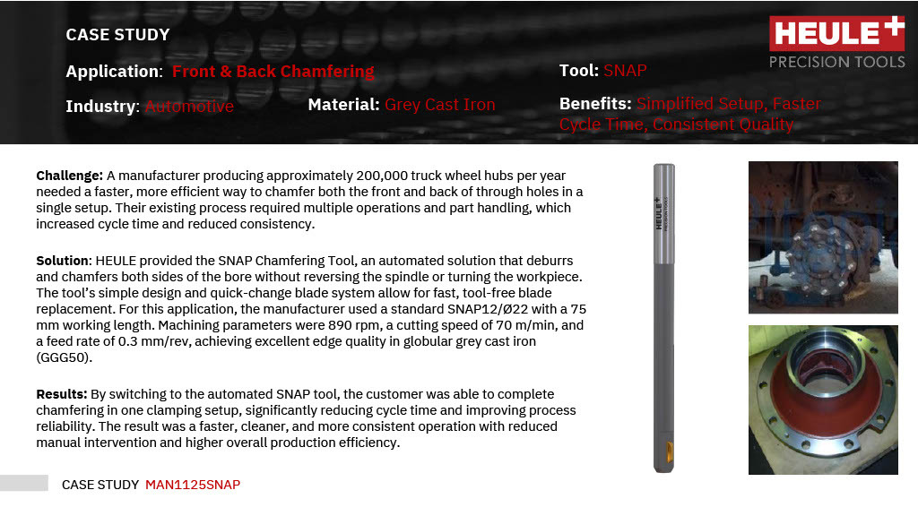 HEULE SNAP automotive case study showing automated front and back chamfering of truck wheel hubs using the SNAP tool, improving consistency and saving $45,000 annually.