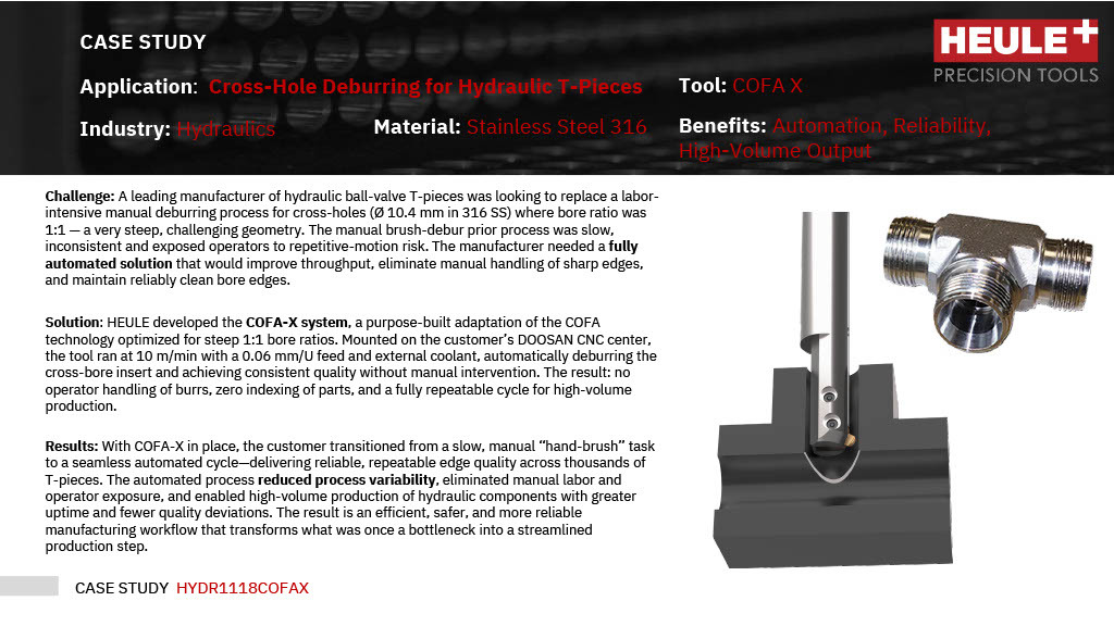 HEULE COFA-X Case Study – Automated Cross-Hole Deburring for Hydraulic T-Pieces in Stainless Steel