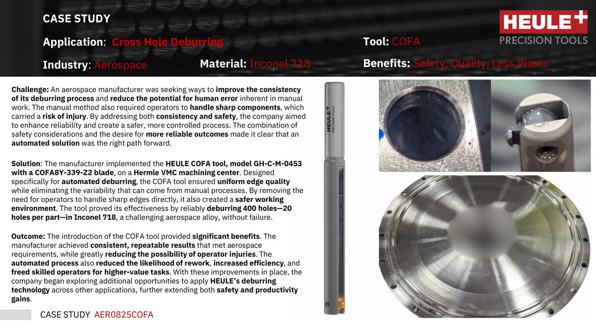 HEULE COFA case study showing automated cross-hole deburring in aerospace manufacturing using Inconel 718. The solution improved consistency, reduced rework, enhanced operator safety, and increased ef