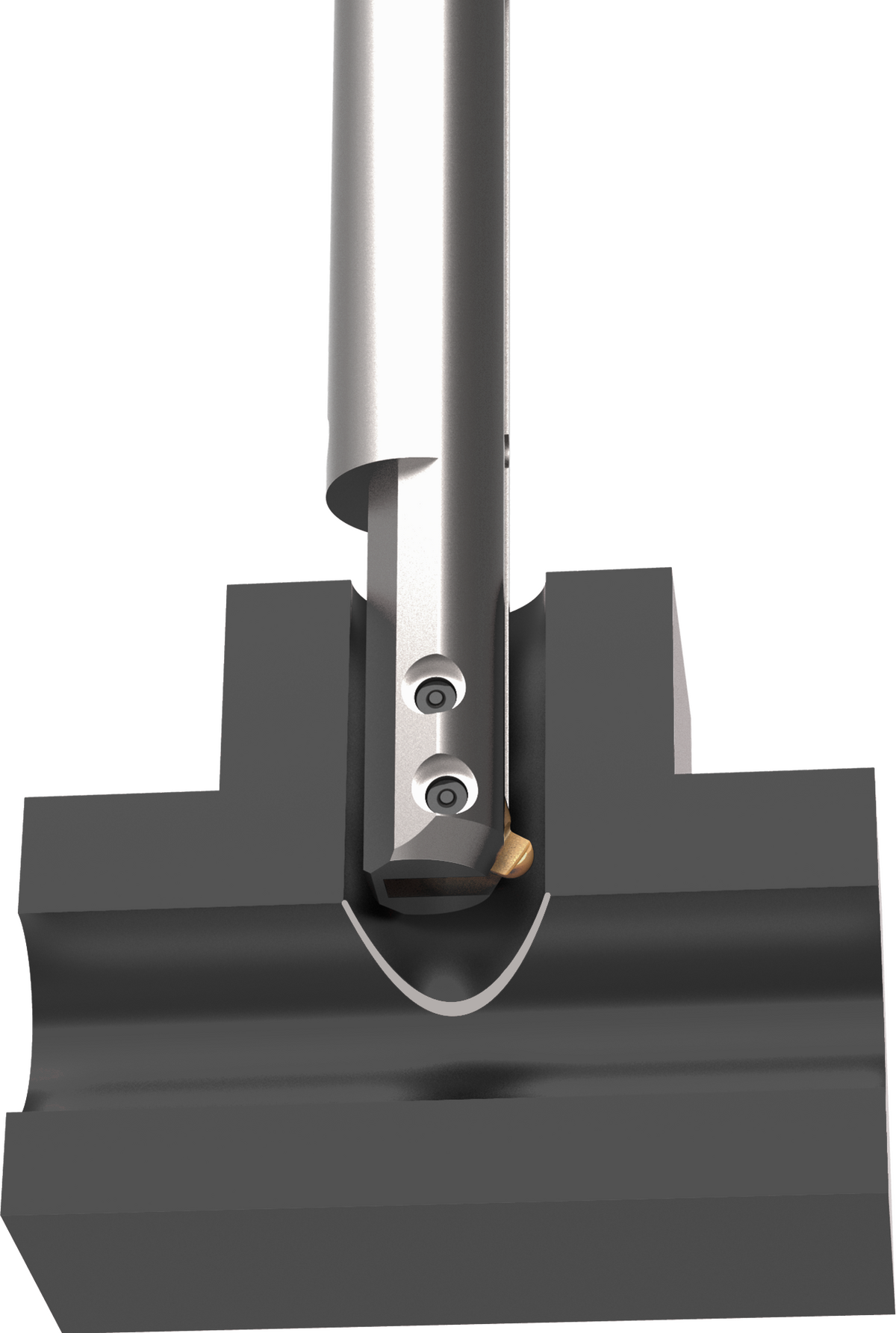HEULE COFA-X tool performing 1:1 ratio cross-hole deburring on a hydraulic manifold, featuring a spring-loaded carbide blade for front and back cutting flexibility.
